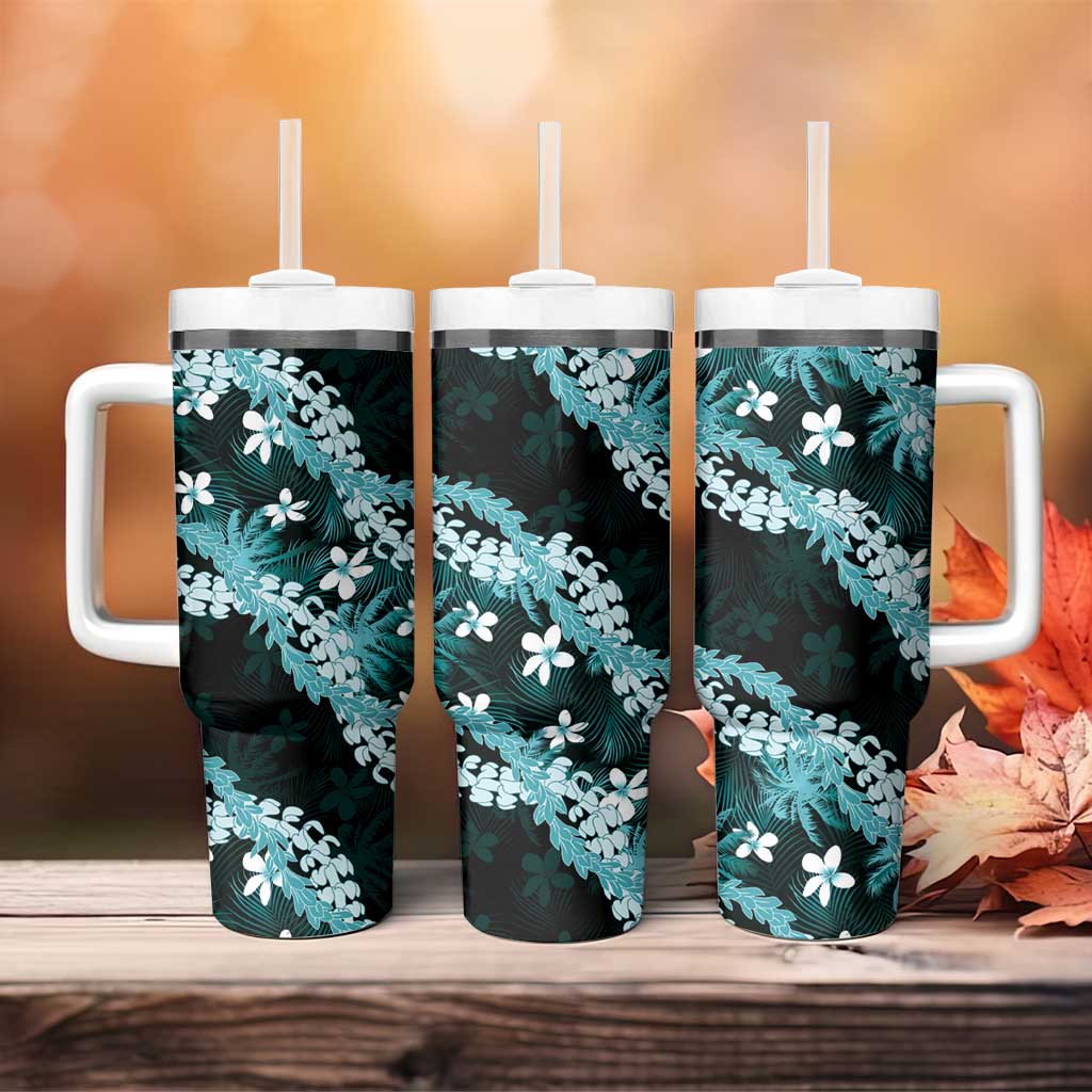 Puakenikeni Maile Lei Tumbler With Handle Frangipani Turquoise Tropical Leaves