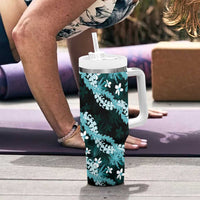 Puakenikeni Maile Lei Tumbler With Handle Frangipani Turquoise Tropical Leaves