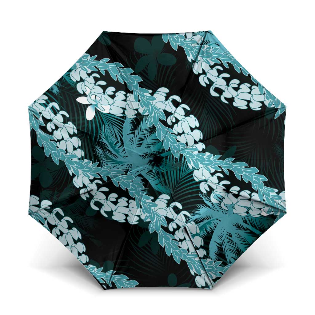 Puakenikeni Maile Lei Umbrella Frangipani Turquoise Tropical Leaves LT01 One Size Folded 11.42 inch Opened Diameter 37.4 inch Turquoise - Polynesian Pride