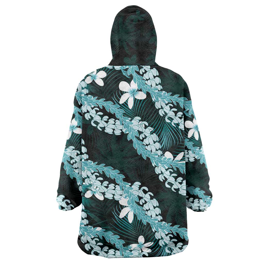 Puakenikeni Maile Lei Wearable Blanket Hoodie Frangipani Turquoise Tropical Leaves