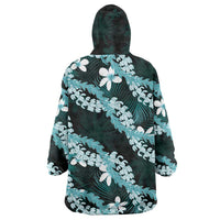 Puakenikeni Maile Lei Wearable Blanket Hoodie Frangipani Turquoise Tropical Leaves