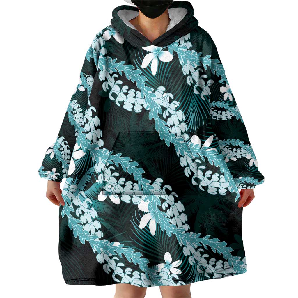 Puakenikeni Maile Lei Wearable Blanket Hoodie Frangipani Turquoise Tropical Leaves