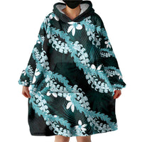 Puakenikeni Maile Lei Wearable Blanket Hoodie Frangipani Turquoise Tropical Leaves