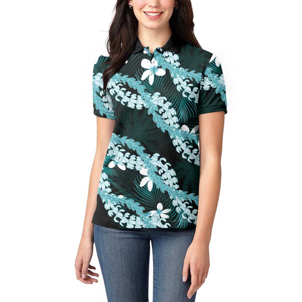 Puakenikeni Maile Lei Women Polo Shirt Frangipani Turquoise Tropical Leaves