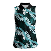 Puakenikeni Maile Lei Women Sleeveless Polo Shirt Frangipani Turquoise Tropical Leaves LT01 Female Turquoise - Polynesian Pride