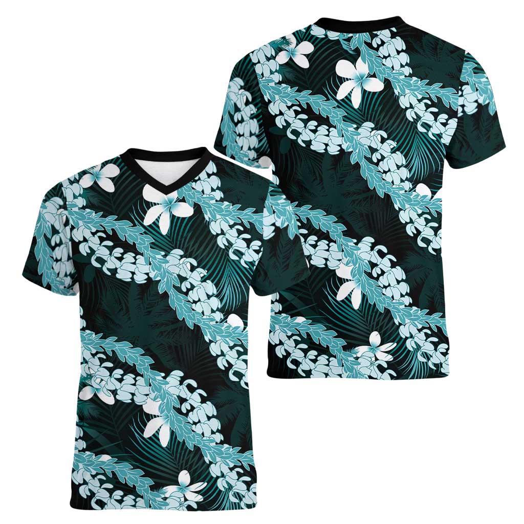 Puakenikeni Maile Lei Women V-Neck T-Shirt Frangipani Turquoise Tropical Leaves