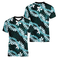 Puakenikeni Maile Lei Women V-Neck T-Shirt Frangipani Turquoise Tropical Leaves