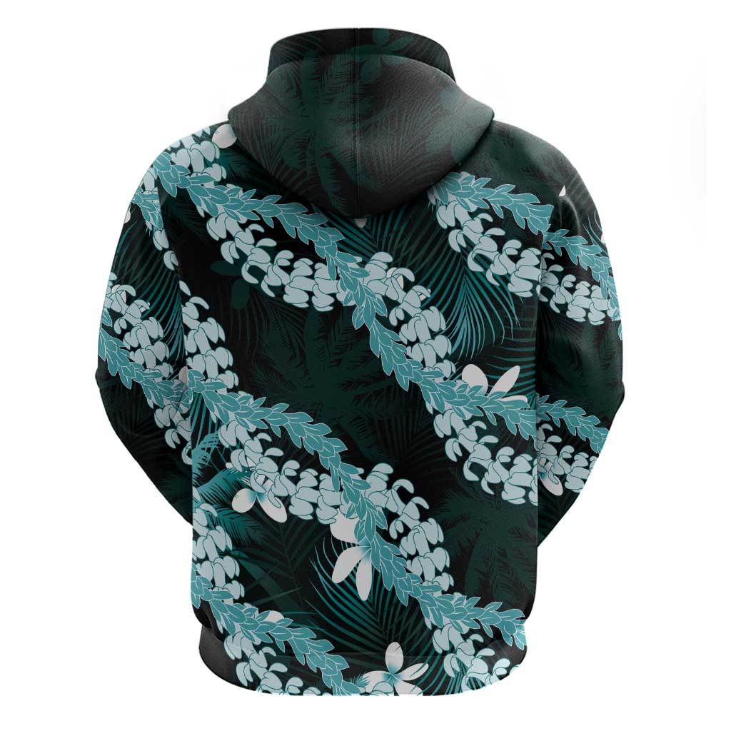 Puakenikeni Maile Lei Zip Hoodie Frangipani Turquoise Tropical Leaves