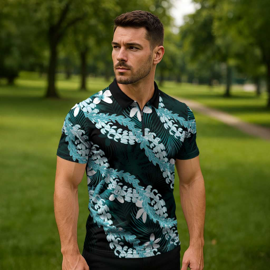 Puakenikeni Maile Lei Zipper Polo Shirt Frangipani Turquoise Tropical Leaves