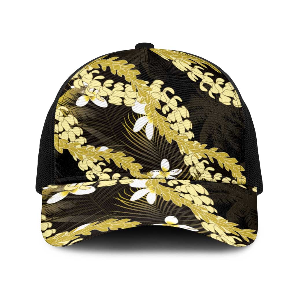 Puakenikeni Maile Lei Baseball Net Cap Frangipani Yellow Tropical Leaves