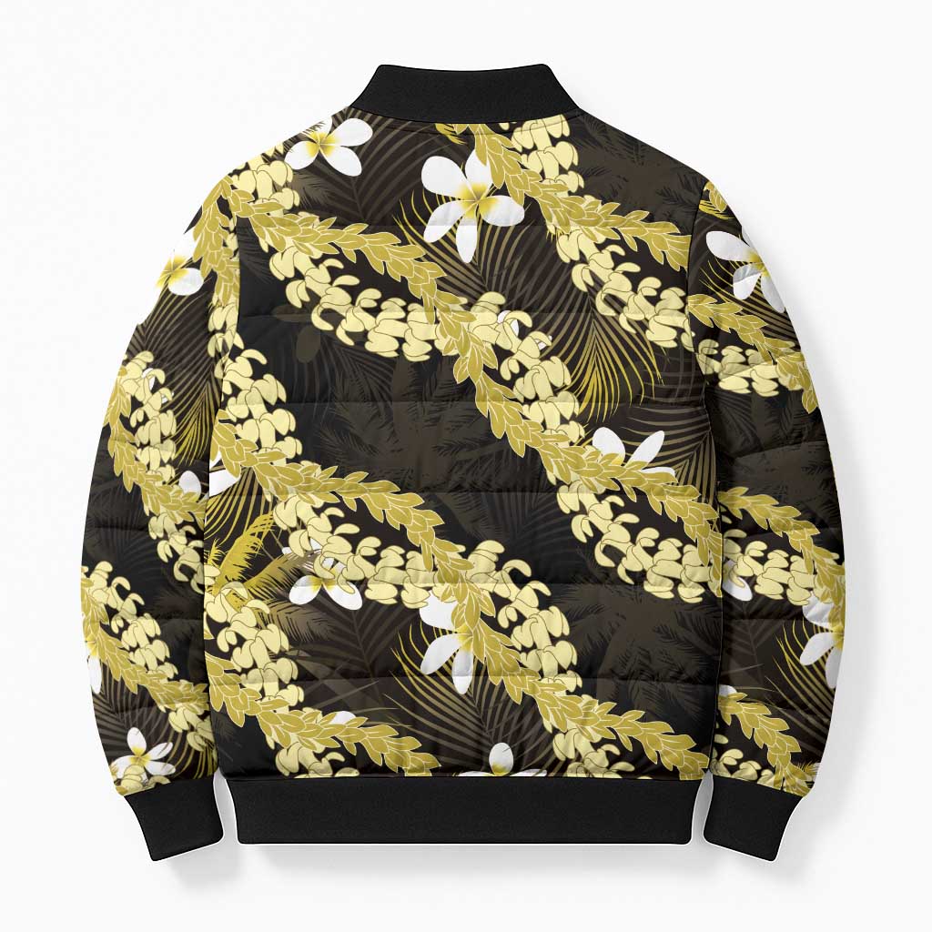 Puakenikeni Maile Lei Bomber Puffer Jacket Frangipani Yellow Tropical Leaves
