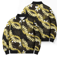 Puakenikeni Maile Lei Bomber Puffer Jacket Frangipani Yellow Tropical Leaves