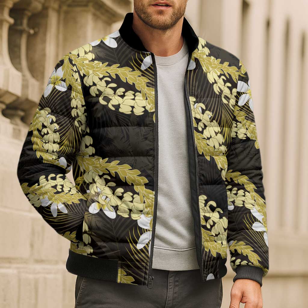 Puakenikeni Maile Lei Bomber Puffer Jacket Frangipani Yellow Tropical Leaves