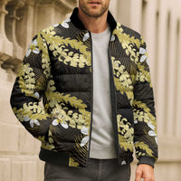 Puakenikeni Maile Lei Bomber Puffer Jacket Frangipani Yellow Tropical Leaves