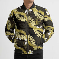 Puakenikeni Maile Lei Bomber Puffer Jacket Frangipani Yellow Tropical Leaves