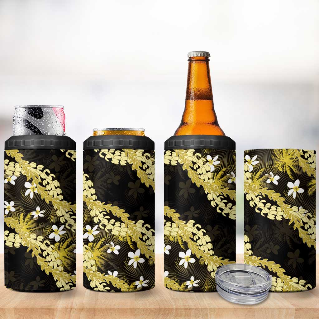 Puakenikeni Maile Lei 4 in 1 Can Cooler Tumbler Frangipani Yellow Tropical Leaves