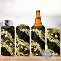 Puakenikeni Maile Lei 4 in 1 Can Cooler Tumbler Frangipani Yellow Tropical Leaves