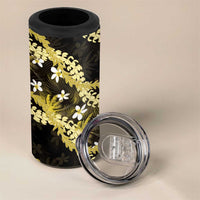 Puakenikeni Maile Lei 4 in 1 Can Cooler Tumbler Frangipani Yellow Tropical Leaves
