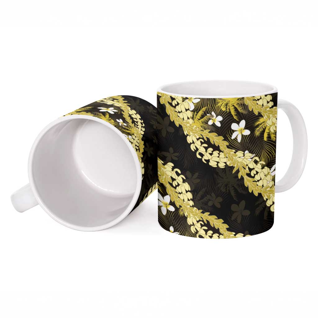 Puakenikeni Maile Lei Ceramic Mug Frangipani Yellow Tropical Leaves