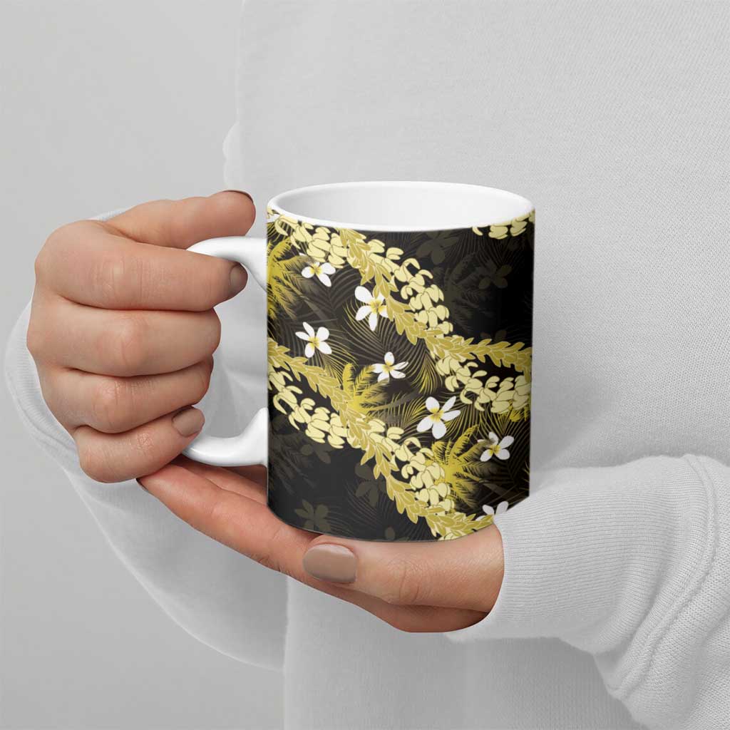 Puakenikeni Maile Lei Ceramic Mug Frangipani Yellow Tropical Leaves