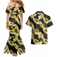 Puakenikeni Maile Lei Couples Matching Mermaid Dress and Hawaiian Shirt Frangipani Yellow Tropical Leaves LT01 - Polynesian Pride