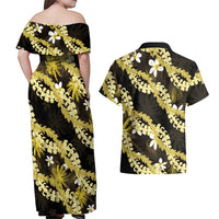 Puakenikeni Maile Lei Couples Matching Off Shoulder Maxi Dress and Hawaiian Shirt Frangipani Yellow Tropical Leaves LT01 - Polynesian Pride