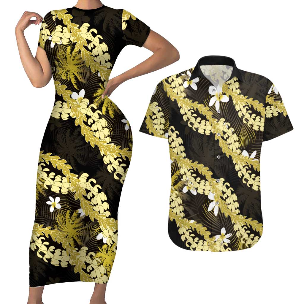 Puakenikeni Maile Lei Couples Matching Short Sleeve Bodycon Dress and Hawaiian Shirt Frangipani Yellow Tropical Leaves LT01 Yellow - Polynesian Pride