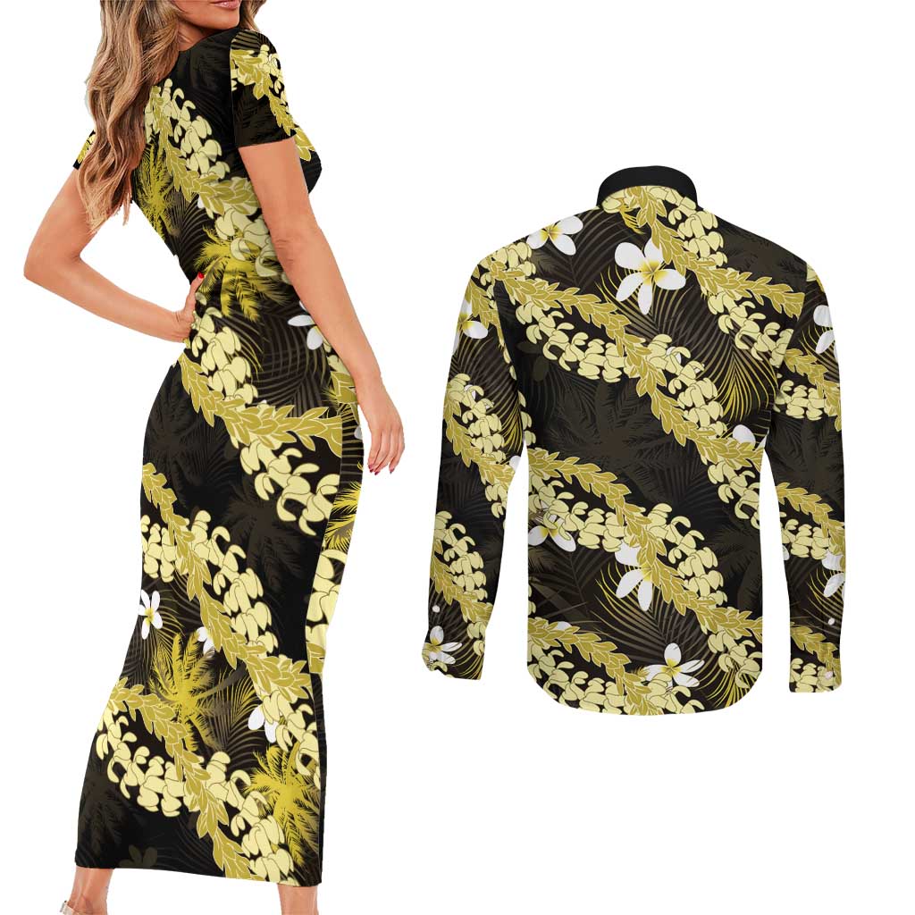 Puakenikeni Maile Lei Couples Matching Short Sleeve Bodycon Dress and Long Sleeve Button Shirt Frangipani Yellow Tropical Leaves LT01 - Polynesian Pride