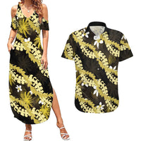 Puakenikeni Maile Lei Couples Matching Summer Maxi Dress and Hawaiian Shirt Frangipani Yellow Tropical Leaves LT01 Yellow - Polynesian Pride