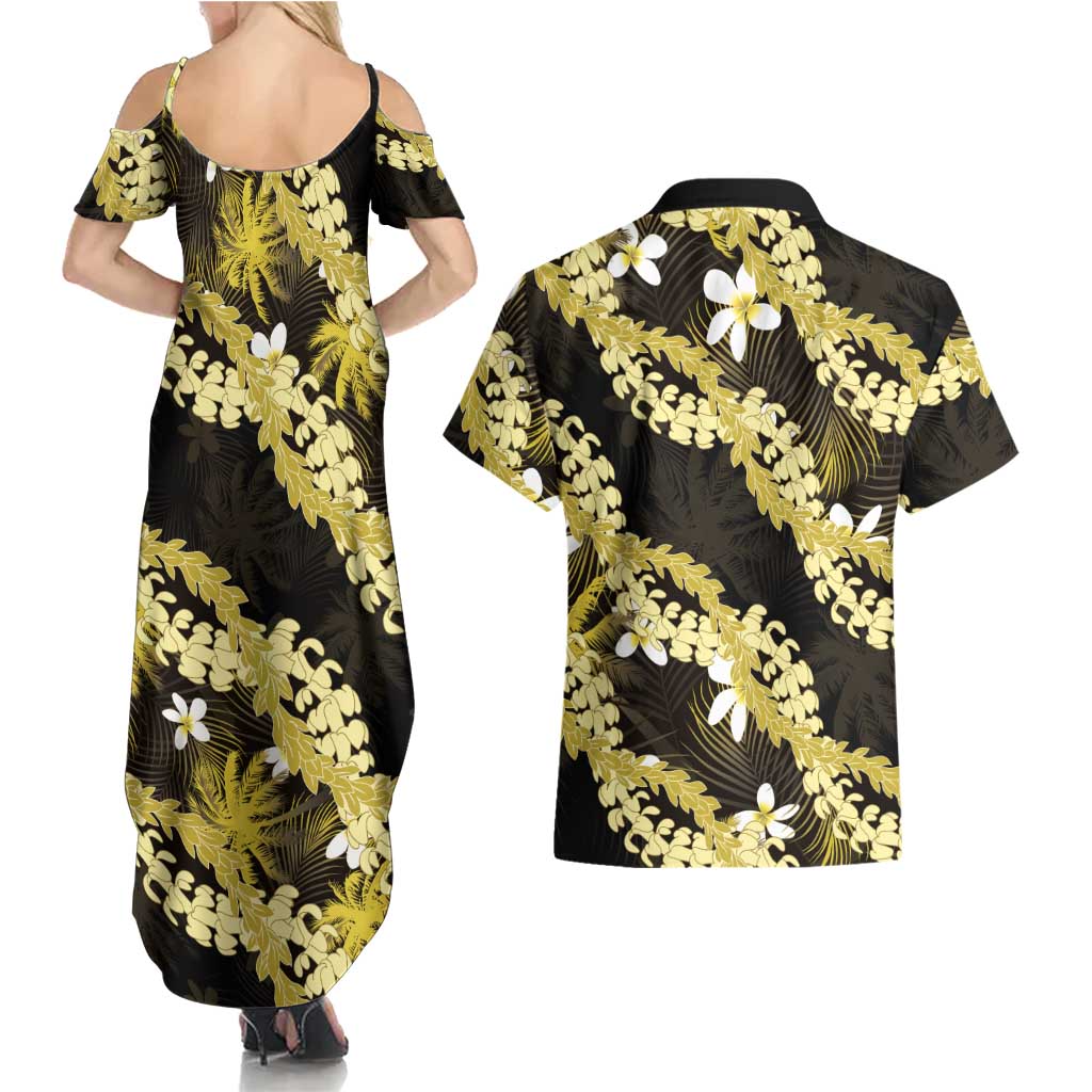 Puakenikeni Maile Lei Couples Matching Summer Maxi Dress and Hawaiian Shirt Frangipani Yellow Tropical Leaves LT01 - Polynesian Pride