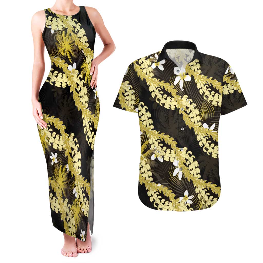 Puakenikeni Maile Lei Couples Matching Tank Maxi Dress and Hawaiian Shirt Frangipani Yellow Tropical Leaves LT01 Yellow - Polynesian Pride