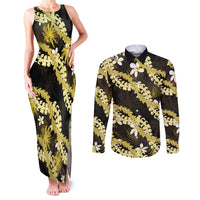 Puakenikeni Maile Lei Couples Matching Tank Maxi Dress and Long Sleeve Button Shirt Frangipani Yellow Tropical Leaves LT01 Yellow - Polynesian Pride