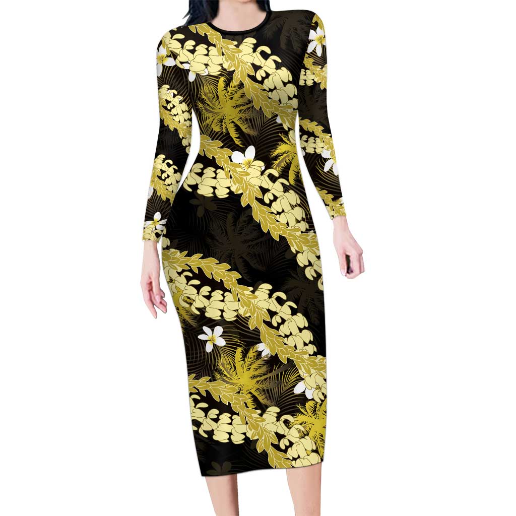 Puakenikeni Maile Lei Family Matching Long Sleeve Bodycon Dress and Hawaiian Shirt Frangipani Yellow Tropical Leaves LT01 Mom's Dress Yellow - Polynesian Pride