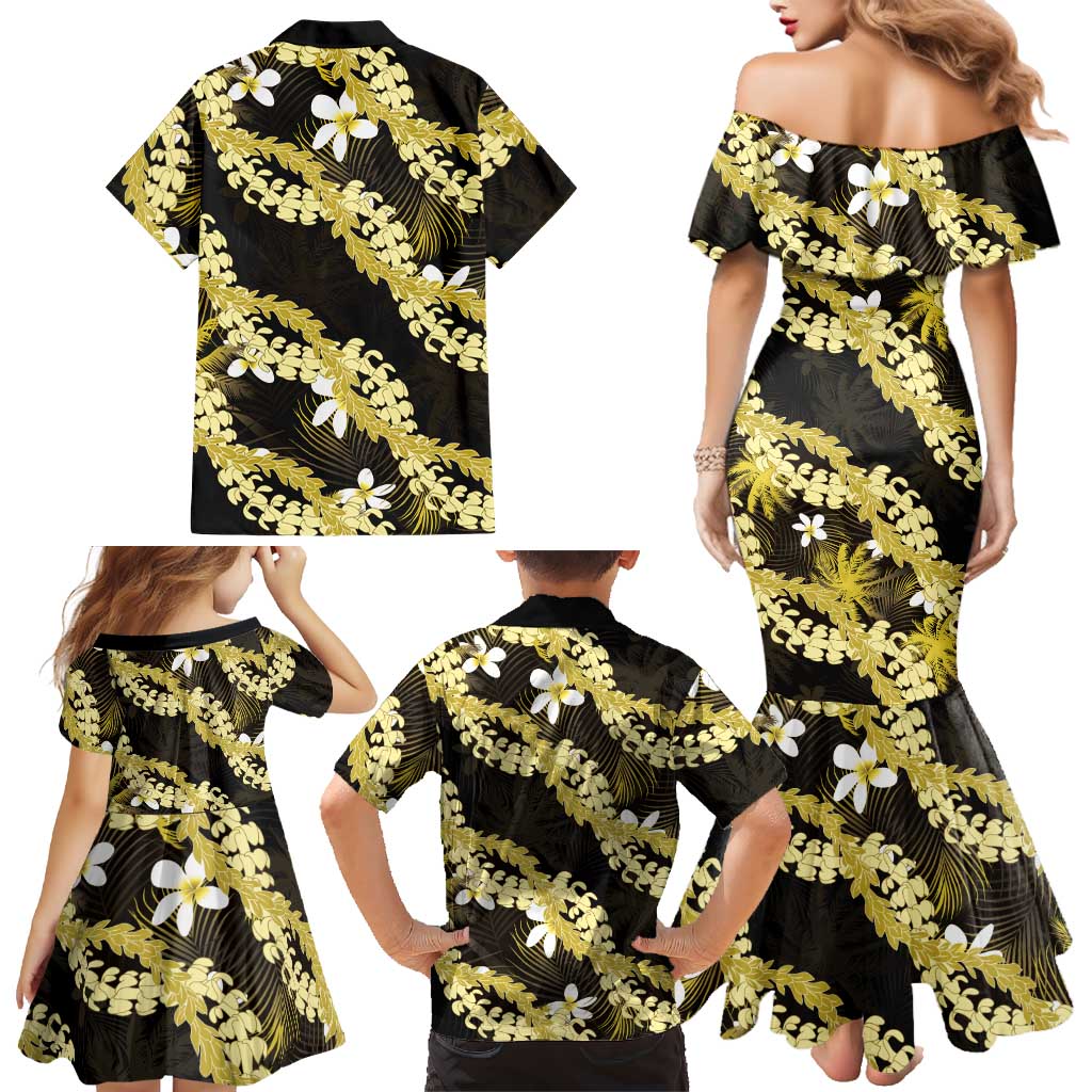 Puakenikeni Maile Lei Family Matching Mermaid Dress and Hawaiian Shirt Frangipani Yellow Tropical Leaves LT01 - Polynesian Pride