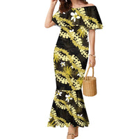 Puakenikeni Maile Lei Family Matching Mermaid Dress and Hawaiian Shirt Frangipani Yellow Tropical Leaves LT01 Mom's Dress Yellow - Polynesian Pride