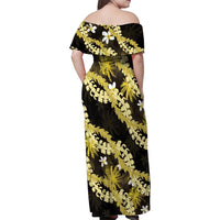 Puakenikeni Maile Lei Family Matching Off Shoulder Maxi Dress and Hawaiian Shirt Frangipani Yellow Tropical Leaves LT01 - Polynesian Pride