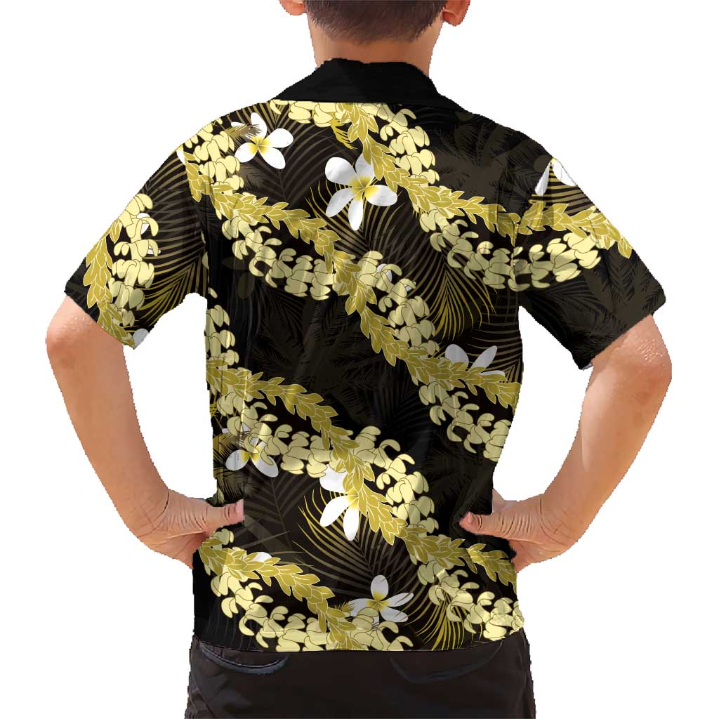 Puakenikeni Maile Lei Family Matching Off Shoulder Short Dress and Hawaiian Shirt Frangipani Yellow Tropical Leaves LT01 - Polynesian Pride