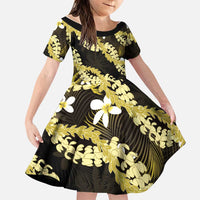 Puakenikeni Maile Lei Family Matching Off Shoulder Short Dress and Hawaiian Shirt Frangipani Yellow Tropical Leaves LT01 Daughter's Dress Yellow - Polynesian Pride