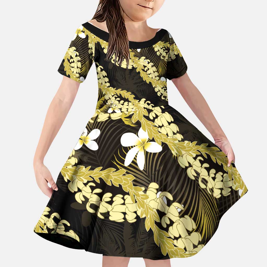 Puakenikeni Maile Lei Family Matching Puletasi and Hawaiian Shirt Frangipani Yellow Tropical Leaves LT01 Daughter's Dress Yellow - Polynesian Pride