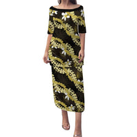 Puakenikeni Maile Lei Family Matching Puletasi and Hawaiian Shirt Frangipani Yellow Tropical Leaves LT01 Mom's Dress Yellow - Polynesian Pride