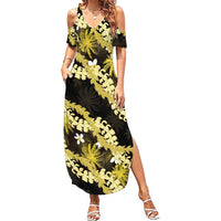 Puakenikeni Maile Lei Family Matching Summer Maxi Dress and Hawaiian Shirt Frangipani Yellow Tropical Leaves LT01 Mom's Dress Yellow - Polynesian Pride