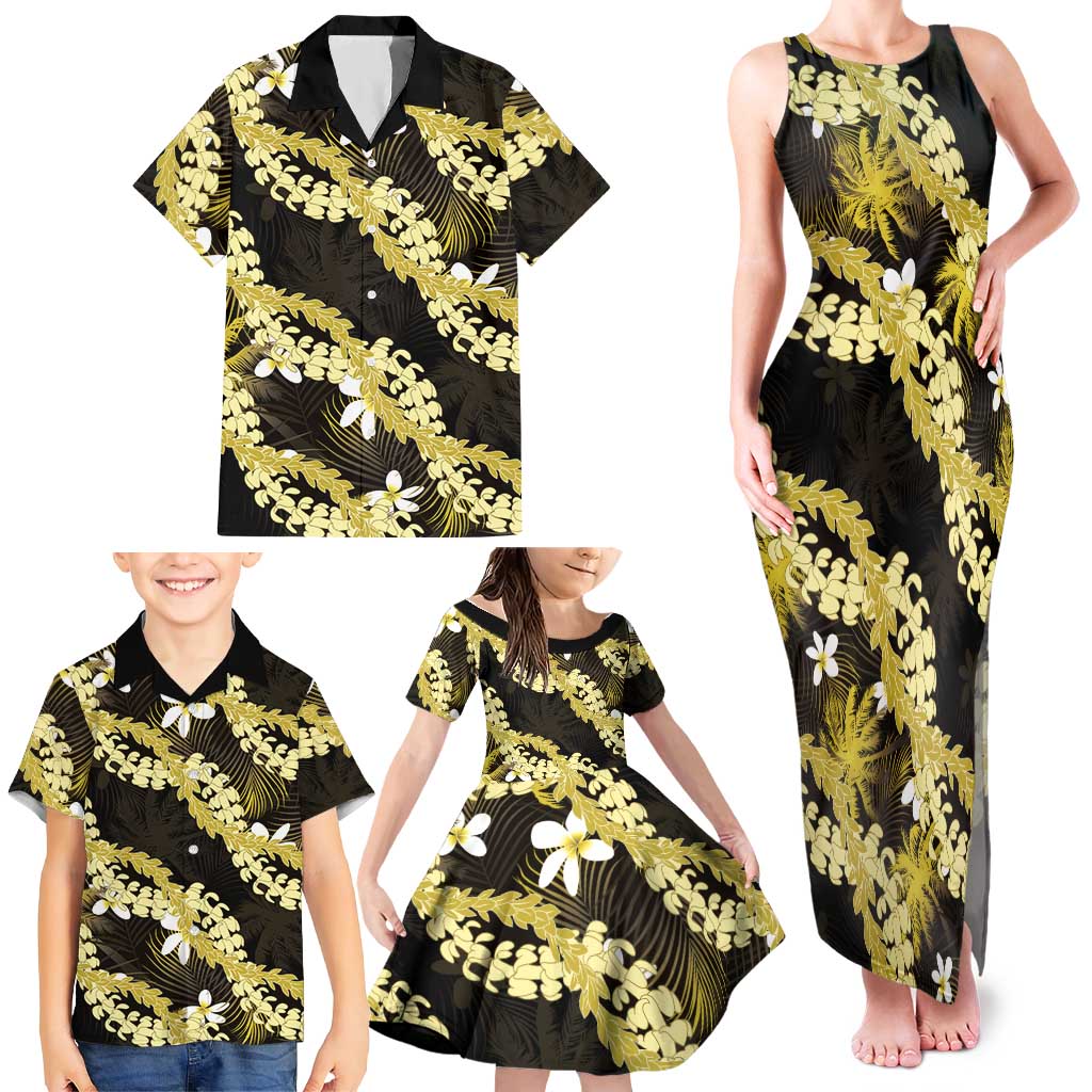 Puakenikeni Maile Lei Family Matching Tank Maxi Dress and Hawaiian Shirt Frangipani Yellow Tropical Leaves LT01 - Polynesian Pride