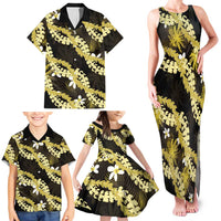 Puakenikeni Maile Lei Family Matching Tank Maxi Dress and Hawaiian Shirt Frangipani Yellow Tropical Leaves LT01 - Polynesian Pride
