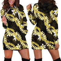 Puakenikeni Maile Lei Hoodie Dress Frangipani Yellow Tropical Leaves
