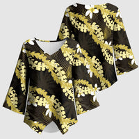 Puakenikeni Maile Lei Kimono Sleeve Blouse Frangipani Yellow Tropical Leaves