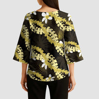 Puakenikeni Maile Lei Kimono Sleeve Blouse Frangipani Yellow Tropical Leaves