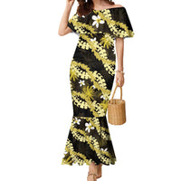Puakenikeni Maile Lei Mermaid Dress Frangipani Yellow Tropical Leaves