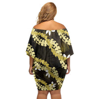 Puakenikeni Maile Lei Off Shoulder Short Dress Frangipani Yellow Tropical Leaves LT01 - Polynesian Pride