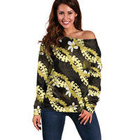Puakenikeni Maile Lei Off Shoulder Sweater Frangipani Yellow Tropical Leaves