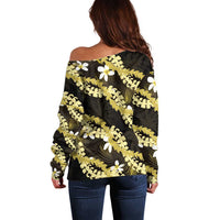 Puakenikeni Maile Lei Off Shoulder Sweater Frangipani Yellow Tropical Leaves
